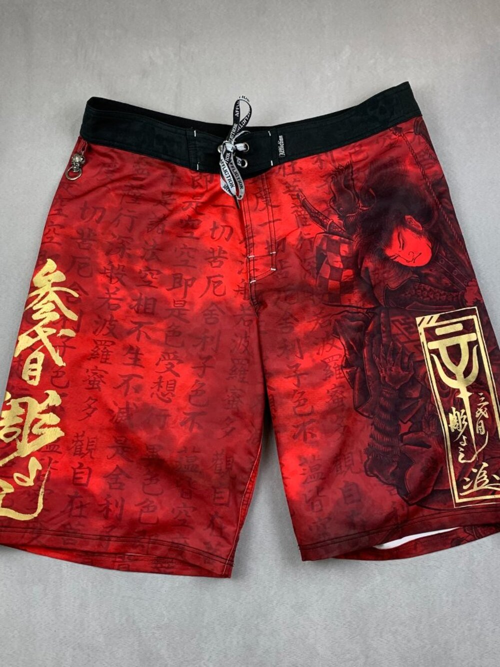 Affliction Mens Board Shorts 36 Red Gold Swim Trunks Japanese Samurai Kanji